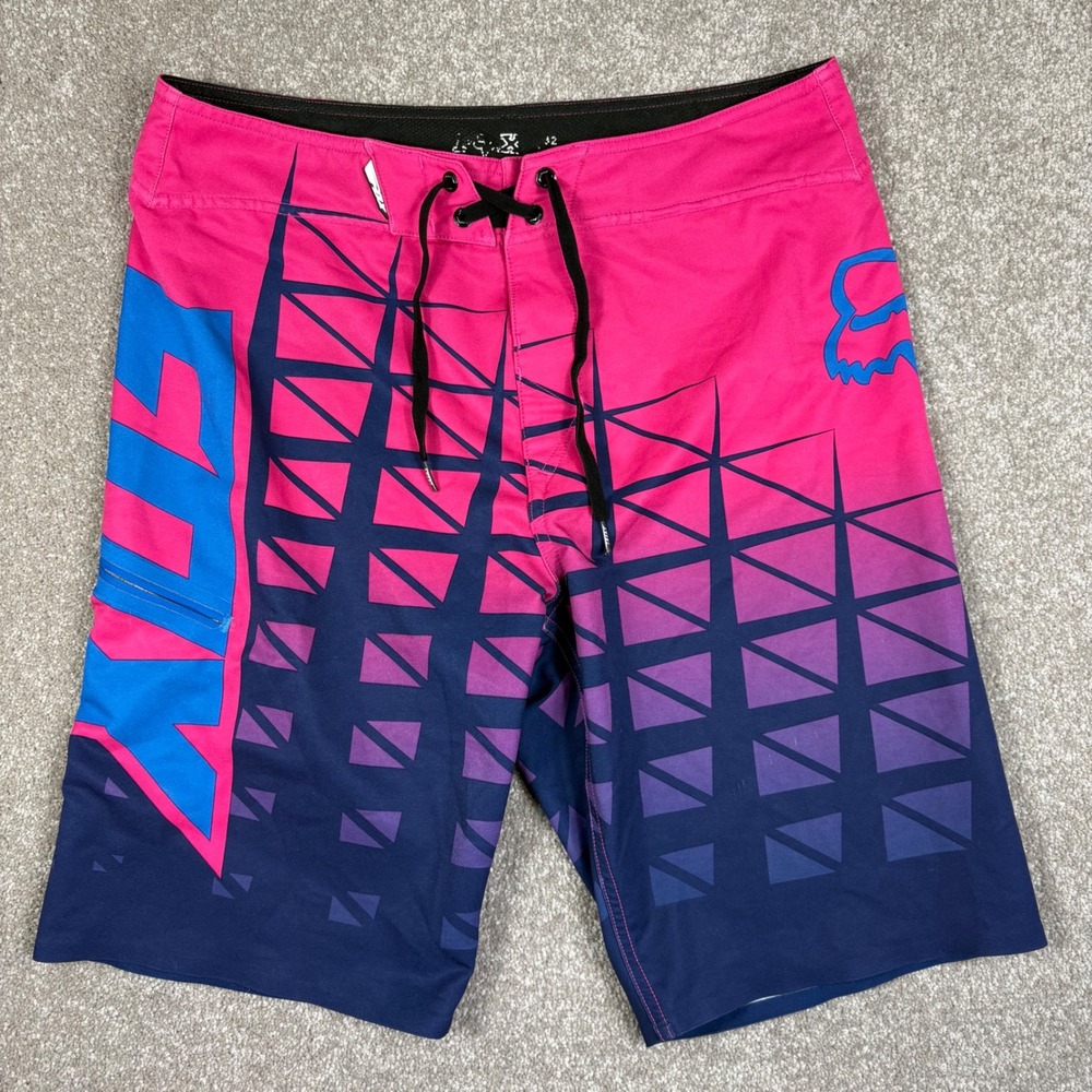 Fox Racing Q4 Board Shorts Mens 32 Pink Navy Blue Geometric Stretch Swim Trunks